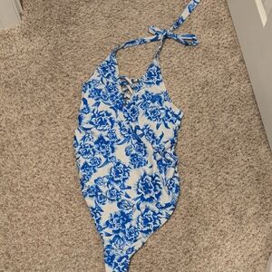 White and Blue Floral Swimsuit